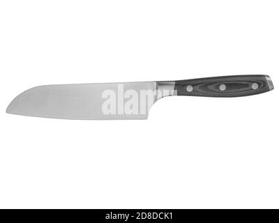 Santoku Küchenmesser isoliert auf weißer, scharfer Klinge aus Chromstahl Stockfoto