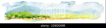 Handgezeichneter panoramischer europäischer Landschaft Aquarell Hintergrund. Stockfoto