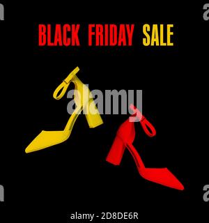 Rot-gelbe Damenschuhe auf dunklem Hintergrund mit dem Text Schwarzer Freitag. Kreatives Motivationsbanner. Verkauf von Kleidung Stockfoto