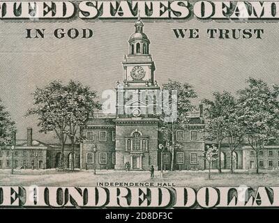 Independence Hall auf der US-Dollar-Rechnung Makro, vereinigten Staaten Geld Nahaufnahme Stockfoto