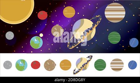 Das Sonnensystem mit allen Planeten in einem flachen Cartoon-Stil. Raum und Planet Hintergrund. Planeten erliegen mit Kratern, Sternen und Kometen im dunklen Raum. Vektorgrafik. Weltraumhimmel mit Planet und Satellit. Stock Vektor