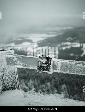 Vertikale Aufnahme eines Postfachs, das in monochromatischen Tönen in Jested, Tschechien, mit Frost bedeckt ist Stockfoto
