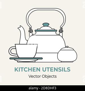Wasserkocher Tee Tasse Untertasse Zucker Schüssel einfache Form Vektor Illustration. Liniendarstellung isoliertes Logo Symbol Cafe Menü Banner Stock Vektor