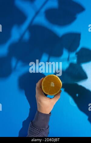 Orangen auf blauem Hintergrund mit Schatten von Blättern Stockfoto