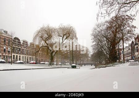 Rotterdam, Niederlande, 22. Januar 2019: Frisch gefallener Schnee auf dem grasbewachsenen Hang und dem gefrorenen Wasser des Zentrums von Provenierssingel Kanal Stockfoto