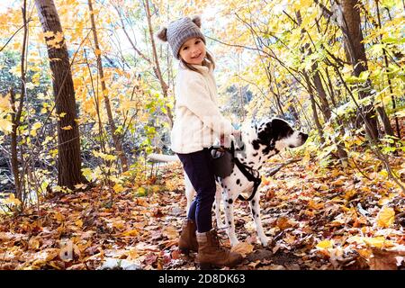 Mädchen mit Dalmatianer Hund in der Herbstsaison Stockfoto