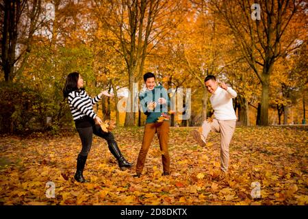 Drei Freunde spielen mit Herbstblättern in einem Park Stockfoto
