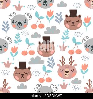 Nahtlose Muster mit niedlichen Cartoon Gesichter von Bär, Panda, Hirsch, Blätter, Beeren und Wolken. Zum Dekorieren von Bezügen, Drucken für Kinderkleidung Stock Vektor