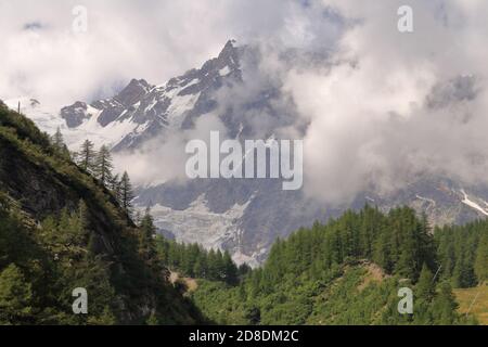 Blick auf Monte Rosa mit Bäumen, Kiefern und weißen Wolken am Himmel Stockfoto