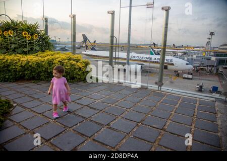 SINGAPUR - 11. FEBRUAR 2020: Kleinkind in rosa Kleid Spaziergänge im Sonnenblumengarten auf dem Dach des Changi Airport vor der Kulisse der Stockfoto