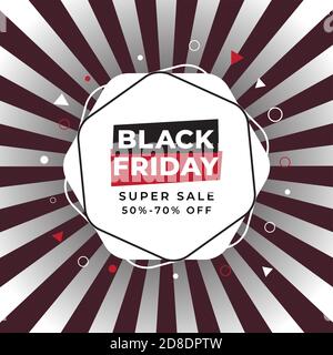 Black friday Banner mit Sunburst Hintergrund. Super Verkauf mit RABATT 50% - 70% RABATT. Vorlage für Social Media-Post-Design. Vektorgrafik. Stock Vektor