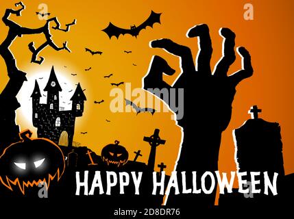 Halloween Grußkarte mit Gruselelementen gruselige Burg, Hand aus Grab, Kürbis und Friedhof. Happy Halloween Festplakat, Party Einladung f Stock Vektor