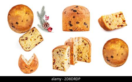 Set von Weihnachtskuchen isoliert auf weißem Hintergrund. Panettone oder Obst Festliche Torte Ansicht von oben. Stockfoto