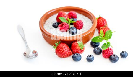 Chia-Samenpudding mit Früchten und frischen Beeren auf weißem Hintergrund isoliert. Chia Samen Joghurt. Superfood. Draufsicht. Stockfoto