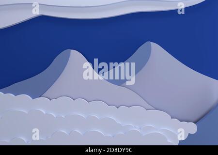 3D Landschaft mit Bergspitzen und Wolken darunter in blau und lila Farben im Stil von Papier-Design oder applique. Hintergrund für Cover, Banner Stockfoto