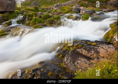 Dynjandi ist der berühmteste Wasserfall der Westfjorde und einer der schönsten Wasserfälle in ganz Island. Es ist tatsächlich die Kaskade von Stockfoto