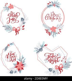 Vektor-Set Sammlung von handgezeichneten Weihnachtskränze mit Weihnachten Text. Tannenzweige, rote Beeren, Blätter und andere Elemente. Runder Rahmen für den Winter Stock Vektor