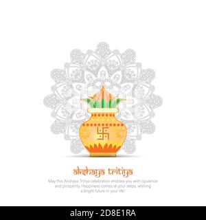 Vektor-Illustration von Akshaya Tritiya Feier mit einem goldenen kalash, Goldbarren und Goldmünzen auf dekorierten Hintergrund. Abstraktes Design. Stock Vektor