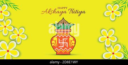 Vektor-Illustration von Akshaya Tritiya Feier mit einem goldenen kalash, Goldbarren und Goldmünzen auf dekorierten Hintergrund. Abstraktes Design. Stock Vektor