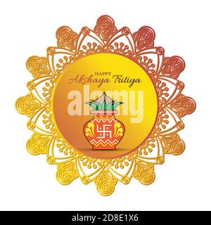 Vektor-Illustration von Akshaya Tritiya Feier mit einem goldenen kalash, Goldbarren und Goldmünzen auf dekorierten Hintergrund. Abstraktes Design. Stock Vektor
