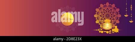 Vektor-Illustration von Akshaya Tritiya Feier mit einem goldenen kalash, Goldbarren und Goldmünzen auf dekorierten Hintergrund. Abstraktes Design. Stock Vektor