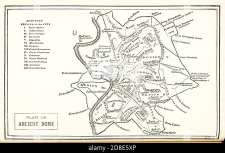 Karte mit Plan des antiken Roms. Dieser Plan von 1876 zeigt: Augustan Regionen der Stadt: I. Porta Capena, II. Caelimontana, III ISIS et Serapis, IV Via Sacra, V. Esquilina, VI Alta Semita, VII Via Lata, VIII Forum Romanum, IX. Circus Flaminius, X. Palatium, XI. Circus Maximus, XII Piscina Publica, XIII Aventinus, XIV Transtiberina Stockfoto