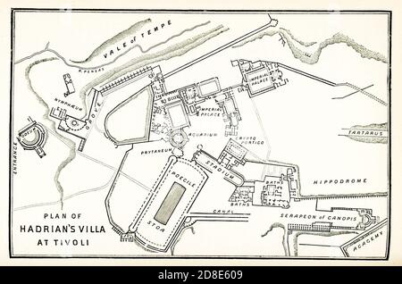 Plan der Hadrianvilla in Tivoli. Hadrians Villa (Villa Adriana) ist ein außergewöhnliches architektonisches Erbe des großen römischen Kaisers Hadrian. Erbaut als Rückzug von Rom zwischen 117 und 138 n. Chr., wurde die Villa als ideale Stadt entworfen und enthält die architektonischen Traditionen des antiken Griechenland, Rom und Ägypten. Die Überreste von rund 30 Gebäuden erstrecken sich über 120 Hektar des Tiburtine Hills, in Tivoli in der Region Latium. Stockfoto