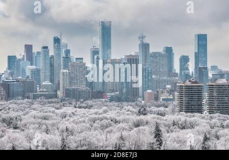 Toronto Innenstadt Wolkenkratzer unter dramatischen stürmischen Wolken, mit CN Tower teilweise sichtbar. Schnee und Frost bedeckt den Mittelstadtwald am 3. Juli 20 Stockfoto