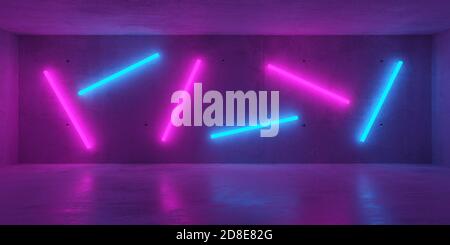 Abstrakte blau und rot leuchtende Neonlichter in leerem Beton Abstraktes Zimmer mit glänzend reflektierendem Boden - 3D-Illustration Stockfoto