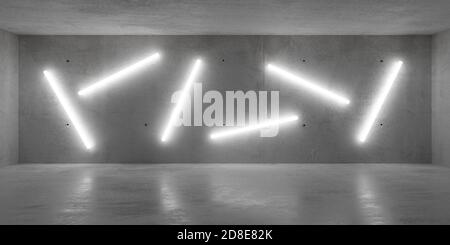 Abstrakte weiß leuchtende Neonlichter in leerem abstrakten Betonraum Mit glänzend reflektierendem Boden - 3D-Illustration Stockfoto