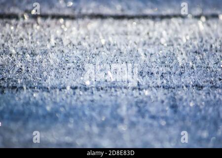 Rime Abdeckung auf dem Boden. Reif auf Holzoberfläche im Freien. Stockfoto