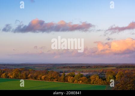 Goldenes Abendlicht bei Sonnenuntergang, das im Herbst eine typisch englische Landschaftsszene beleuchtet. Farley Mount, Hampshire, England. Stockfoto