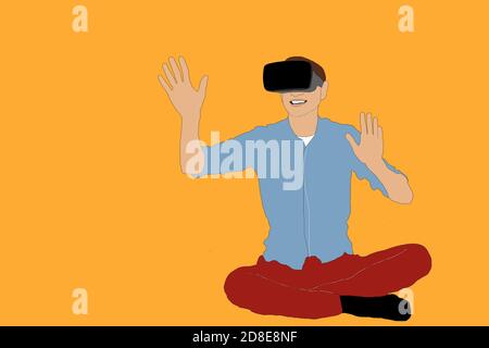 Mann in virtueller Brille sitzt auf dem Boden Stockfoto