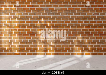 Leerer Raum mit Backwall aus Ziegelstein und weißem Hartholzboden und Fensterschatten mit Kopierraum - Galerie-Design-Tapete, 3D-Illustration Stockfoto