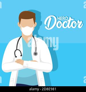 Mann Arzt Arzt Held Arzt blaues Bild- Vektor Stock Vektor