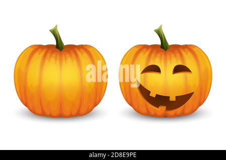 Vektor Cartoon Halloween Pumpkin Laterne. Lustiges Gesicht und blank. Nahaufnahme auf weißem Hintergrund isoliert einstellen. Vorderansicht. Designvorlage. Herbstferien Stock Vektor