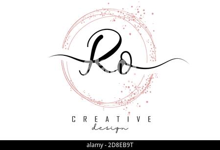 Handgeschriebenes RO R o Letter Logo mit funkelnden Kreisen mit rosa Glitzer. Dekorative Vektorgrafik mit R- und O-Buchstaben. Stock Vektor
