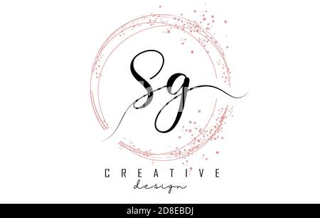 Handgeschriebenes SG S G Buchstaben-Logo mit funkelnden Kreisen mit rosa Glitzer. Dekorative Vektorgrafik mit S- und G-Buchstaben. Stock Vektor
