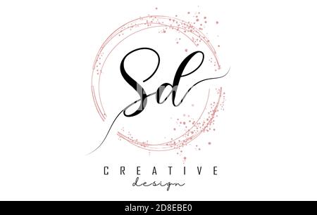 Handgeschriebenes SD S D Letter Logo mit funkelnden Kreisen mit rosa Glitzer. Dekorative Vektorgrafik mit S- und D-Buchstaben. Stock Vektor