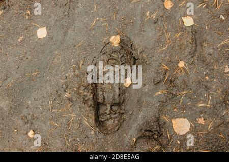 Aufdruck des Schuhs auf Schlamm mit Kopierraum. Fußabdrücke im Schlamm. Regnerisches Wetter abstrakter Hintergrund.Fußmarke auf dem Dschungel Trail.Dirty nass Fußgänger Stockfoto