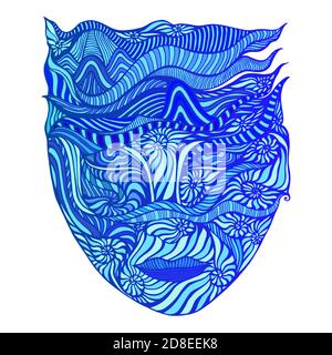 Surreal abstrakte Göttin des Wassers mit Gesicht in Ammoniten und verrückten Mustern, Cyan, dunkelblau, aquamarin Farbe Stock Vektor