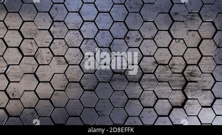 Scratched Metal Hexagons Wabenwabe futuristischen Hintergrund, 3d Rendering Illustration Stockfoto