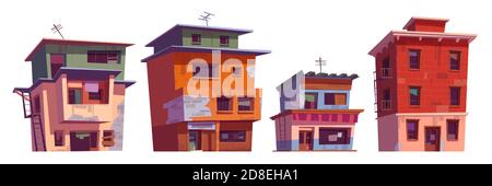 Schlechte schmutzige Häuser im Ghetto-Bereich. Vektor-Cartoon-Satz von Slum alten gebrochenen Gebäuden, Hütten in billigen Nachbarschaft. Stadthäuser auf weißem Hintergrund isoliert Stock Vektor