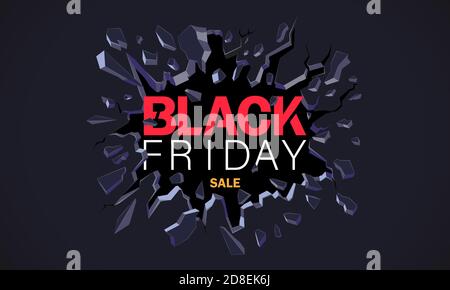 Black friday Sale Banner. Inschrift zerstört die Wand. Schwarzer Riss in der blauen Wand. Horizontale Vorlage für Poster, Banner, Flyer, Web. Stock Vektor
