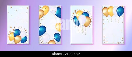 3d-Ballons auf sanftem blauen Hintergrund. Feier-Design mit Haufen von Ballons. Vorlage für Geburtstag feiern, Verkauf, Jubiläum, Baby-Dusche. Exsp Stock Vektor