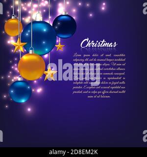 Weihnachtskarte. Vorlage für Karte, Flyer, Poster, Einladung, Banner. Werbeaktion oder Einkaufsvorlage. Abbildung mit Kugeln, Sternen. Violett Stock Vektor
