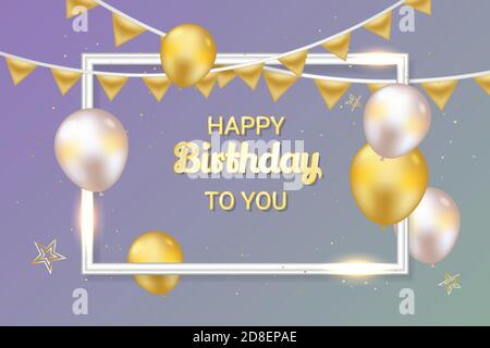 Happy Birthday Hintergrund mit goldenen Ballons und Rahmen. Vektor Stock Vektor