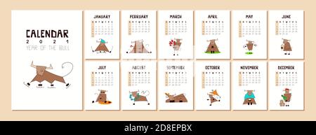 Chinesisches Neujahr 2021. Kalender, Planer mit einem niedlichen kawaii Stier isoliert auf weiß. A4-Format. Einband und 12 Monatsseiten mit Vektor-Illustrationen von Stock Vektor