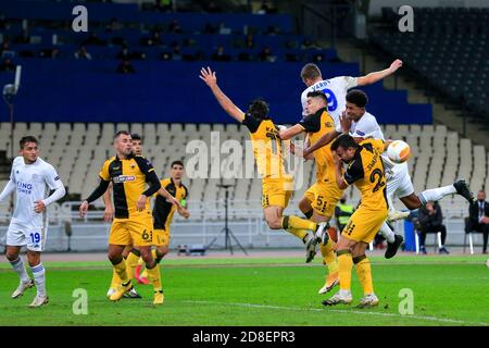 ATHEN, GRIECHENLAND - 29. OKTOBER: Aktion während des UEFA Europa League Group G Bühnenmatches zwischen AEK Athen und Leicester City im Athener Olympiastadion am 29. Oktober 2020 in Athen, Griechenland. (Foto nach MB-Medien) Stockfoto