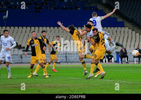 ATHEN, GRIECHENLAND - 29. OKTOBER: Aktion während des UEFA Europa League Group G Bühnenmatches zwischen AEK Athen und Leicester City im Athener Olympiastadion am 29. Oktober 2020 in Athen, Griechenland. (Foto nach MB-Medien) Stockfoto